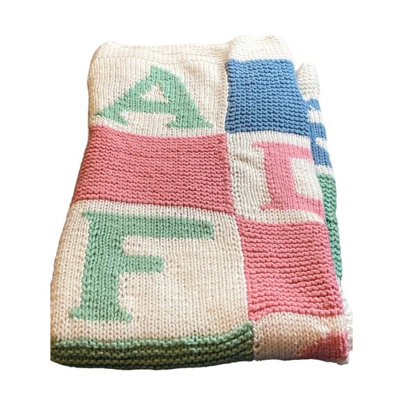 ABCDEF Alphabet Blocks Knit Baby Blanket Pink Blue White Green Security Lovey - Picture 1 of 9